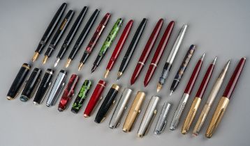 A collection of vintage fountain pens including Parker, Schaeffer and others, four with 14k nibs (Q)