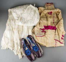 Victorian silk cotton dresses and a pair of ladies silk and leather shoes Good condition, wear