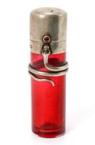 A Victorian silver mounted cranberry glass scent bottle, the cylindrical glass base applied with a