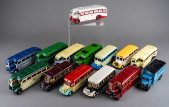 A collection of Corgi tin-plate buses, including Provincial, Salcombe, Malpas, Vics Tours, etc (14)