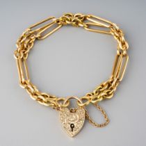 An 18ct yellow gold bracelet, converted from a watch chain, with a 9ct gold padlock clasp, total