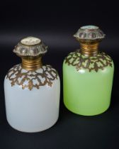 A pair of 19th century continental glass scent bottles, one green and one white, each having a