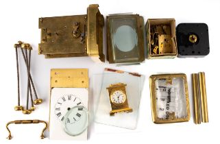 A collection of parts for a French brass carriage clock; plus other clocks