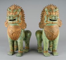 A pair of large cast bronze gilt Singha Temple Lions/Foo Dogs, approx 32cm high