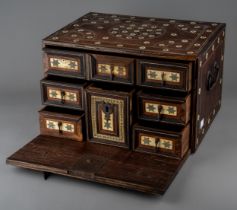 An antique Indo-Portuguese ivory inlaid cabinet / casket. 17th / 18th century with hinged fall front