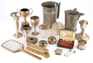 A collection of silver, including napkin rings, dressing table brush and mirror, etc, a set of