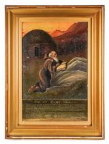 Oil on canvas, depicting a saint man, with a brass plaque in Welsh COF AM DEWI SANT, in a gilt