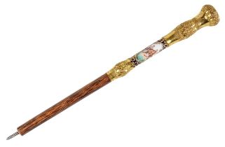 Continental parasol handle, gilt metal mounts with porcelain insert decorated with courting