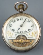 A continental silver Hebdomas style 8 day pocket watch, white enamel dial with black Arabic