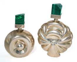 Two silver and malachite scent bottles, approx 10cm and 8.5cm high, both stamped '925 TH-BB',