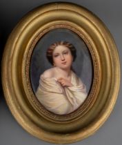 A 19th century hand painted KPM Berlin porcelain plaque, in original gilt frame, depicting a young