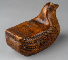 An antique Scandinavian carved treen snuff box in the form of a duck, incised decoration, approx