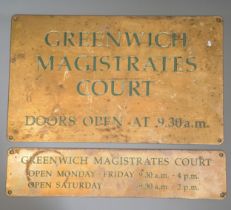 Two heavy brass signs for Greenwich Magistrates Court, large one measures approx. 40x24 cm,