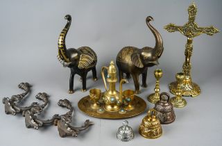 A collection of brass and copperware to include: Middle Eastern tea set with pair of cups, kettle