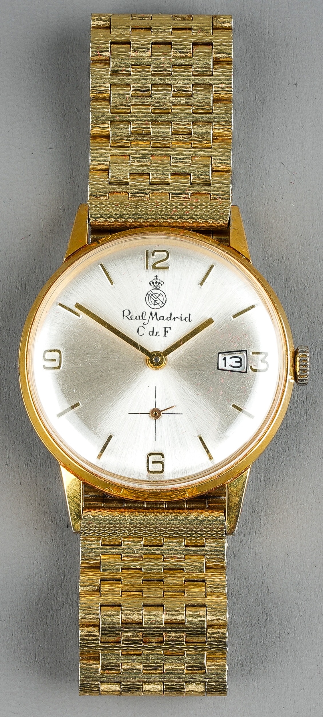 A gentleman's gold plated Real Madrid wristwatch, 30mm circular silvered dial with Arabic and