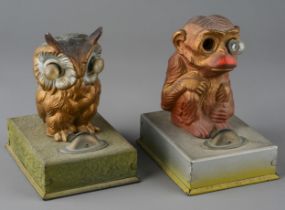 Two cast metal novelty children's night lights in form of a Monkey and owl, approx. 11 cm high One