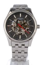 A gentleman's stainless steel Rotary skeleton wristwatch, integral bracelet strap, boxed with