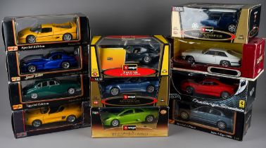 Ten large scale diecast 1:18 scale car models by Maisto and Burago, all boxed to include: