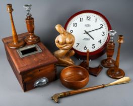 Two pairs of turned wooden candlesticks, Modern carved figure of a mother and child, stained wood