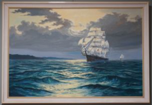 Keith English (1935-2016) Galleons at sea oil on canvss, 60 x 90cm, framed signed lower right