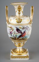 An early 19th Century Derby twin handled baluster vase, circa 1825m the body painted with birds
