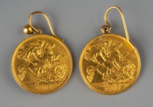 A pair of 1912 half sovereigns mounted as earrings, with hook fittings, total gross weight approx