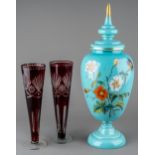 A large Victorian turquoise opaline glass vase and cover, painted with flowers, domed cover, gilt