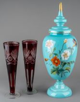 A large Victorian turquoise opaline glass vase and cover, painted with flowers, domed cover, gilt