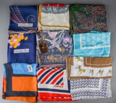 Collection of vintage scarves including Christian Dior, Yves Saint Laurent, Jaegar, various sizes (