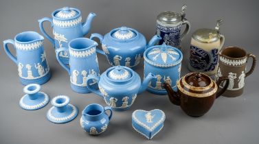 A collection of Modern blue Jasparware tea and coffee ware including tea, coffee pots, jugs, biscuit