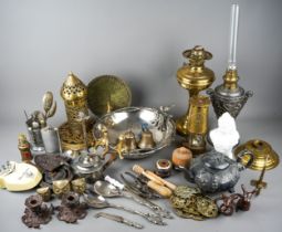 A Collector's lot to include: brass 2384 Eccles lamp, further brass lamps bases, plated flatware,