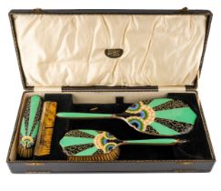 An Art Deco Japanese style silver mounted enamel dressing table set to include: mirror, hair