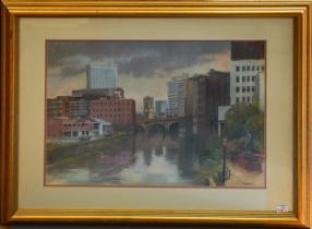 Tom Brown (British, 1933-2017) View from Mark Addy Bridge Manchester towards Blackfriars pastel,