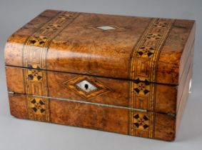 A Victorian inlaid walnut writing box, the cover opens to reveal fitted interior and slope-front