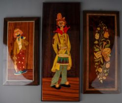 Three Modern Italian inlaid plaques, two depicting Clowns, one with marquetry musical instruments,