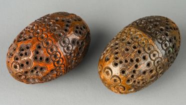 Two 19th Century carved Coquilla Nut Pomanders, approx 6.5cm tall x 4cm wide (2)