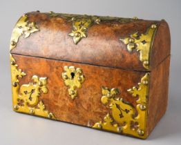 A gothic burr walnut and brass sloped box, approx 23cm wide x 11.7cm deep x 16cm high