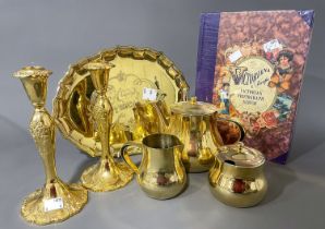 A pair of gilt metal candlesticks and a gilt metal tea set with matching Happy Anniversary tray