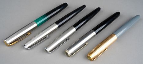 Five various vintage Parker fountain pens, black celluloid barrels, three with stainless steel