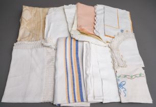 Assorted vintage linen or cotton plain, embroidered and/or lace work table or bed ware to include