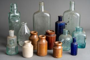 Assorted vintage stoneware bottles, jars and glass cob, medicine bottles etc (1 box) NOTE: This