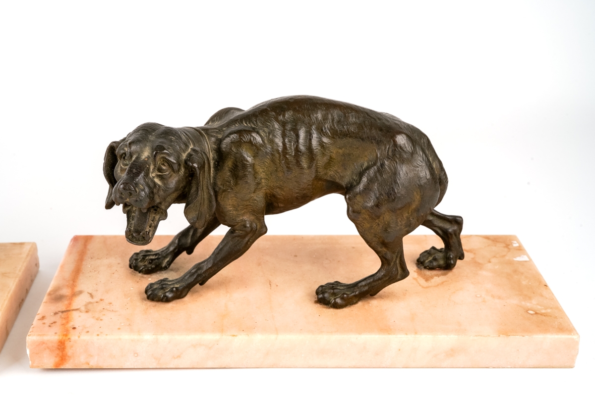 Pair of antique animalier bronze dogs on marble bases, circa 1890s, bases measure 28 x 12 cm In good - Image 3 of 4