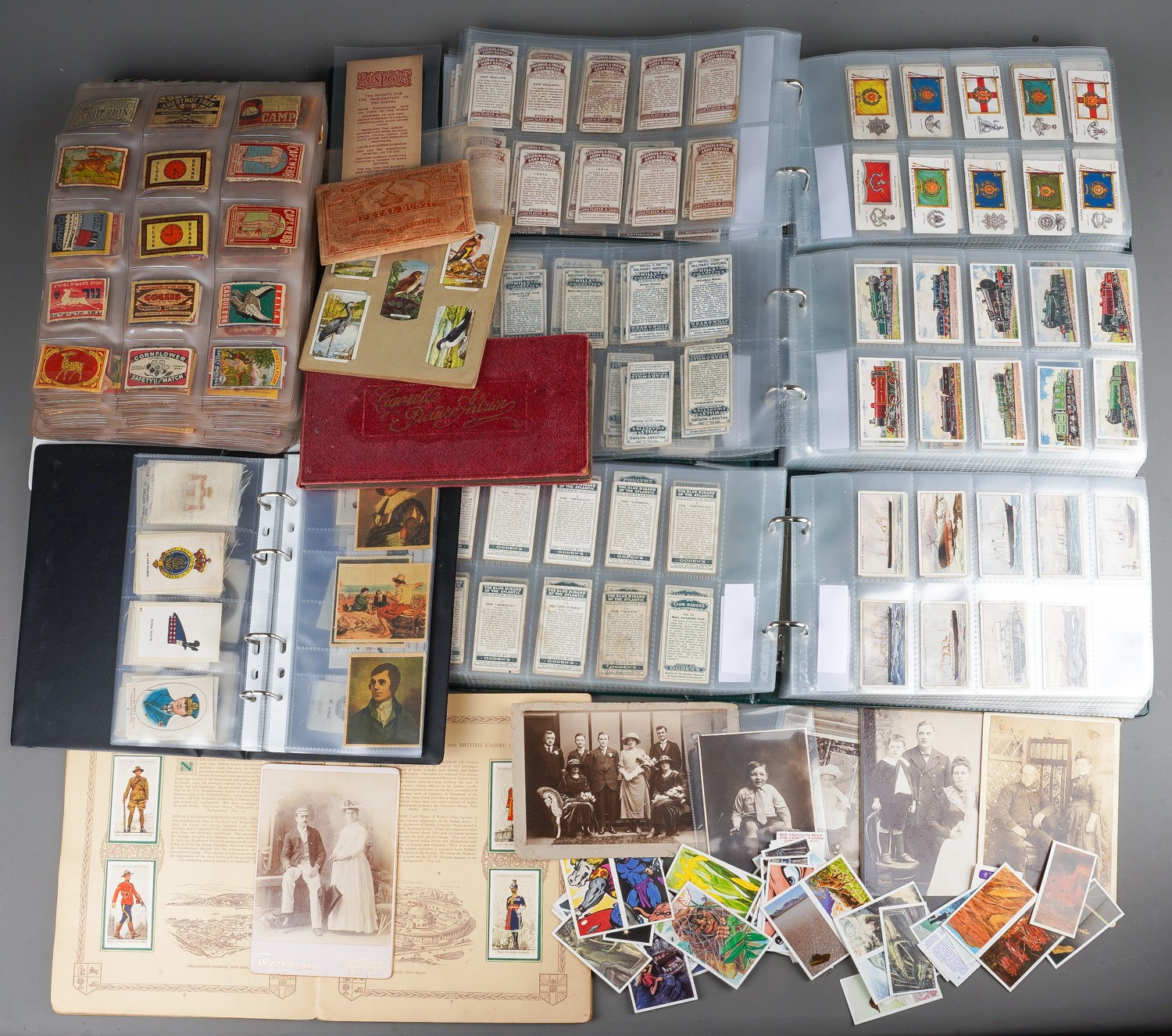 Assorted vintage cigarette cards, match box covers, silk cigarette cards etc (1 box)