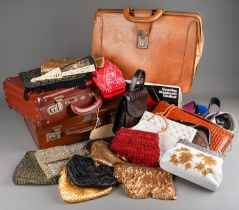 A collection of vintage beaded evening purses / bags with leatherette satchels, doctor's bag etc (
