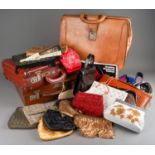 A collection of vintage beaded evening purses / bags with leatherette satchels, doctor's bag etc (