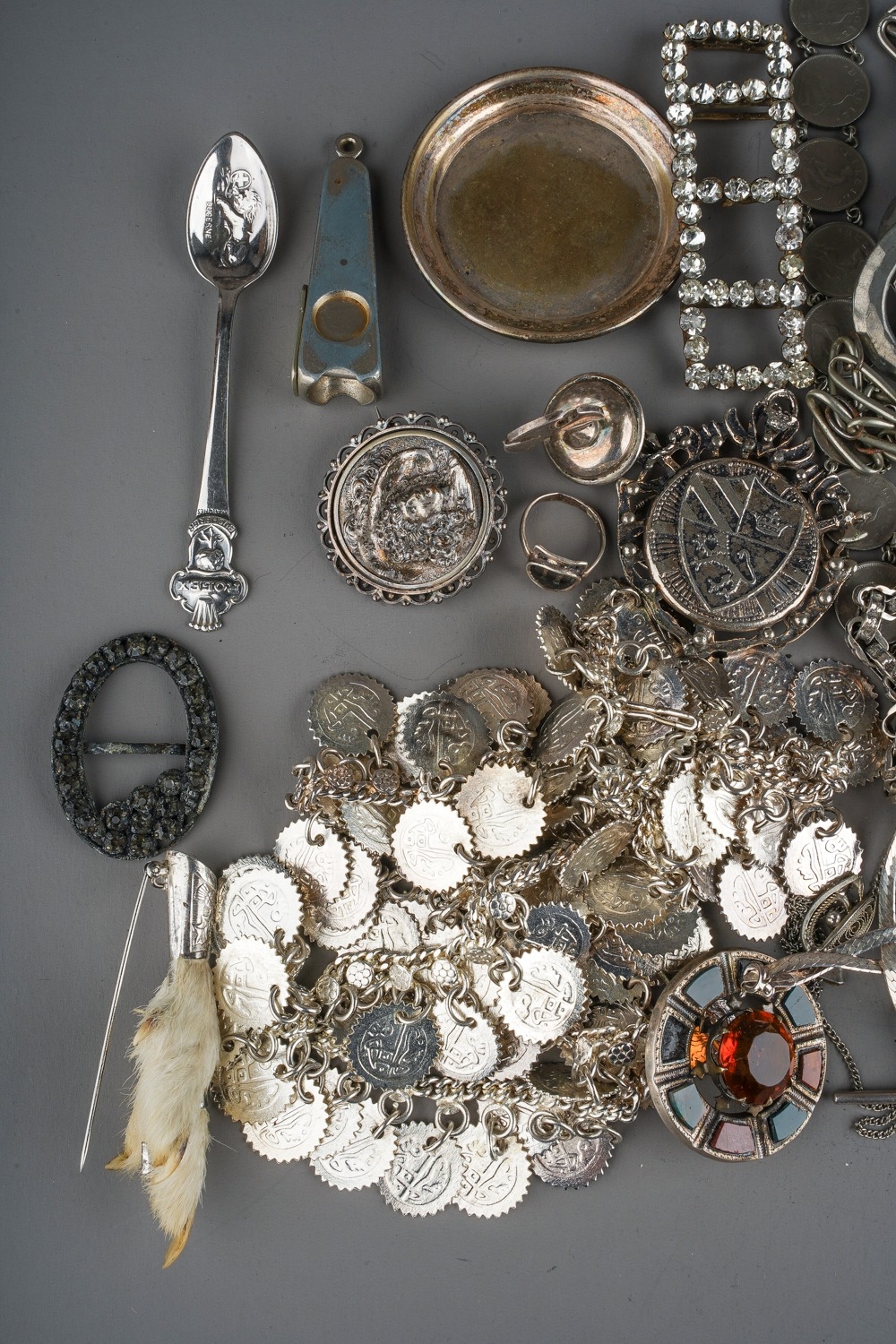 A collection of silver and white metal jewellery, including chains, watch chains, brooches, - Image 2 of 4