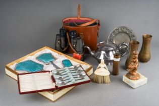 Collection of silver plated items, metal wear, binoculars, dressing table set etc.