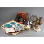 Collection of silver plated items, metal wear, binoculars, dressing table set etc.