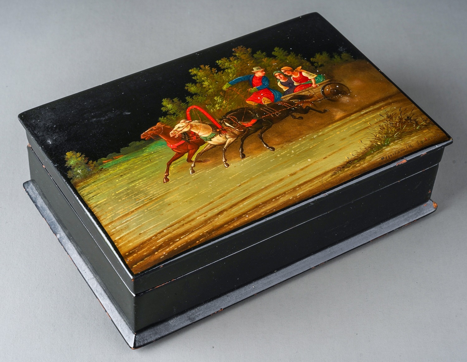 Soviet era hand painted lacquered Russian box, signed and dated lower right corner, dated 1961 .