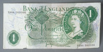 £1 green paper note baring signatures for Barry John - Welsh Rugby Legend, Tony Lewis -England